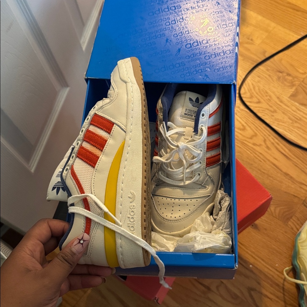 Adidas White Sneakers with Orange and Yellow Stripes
